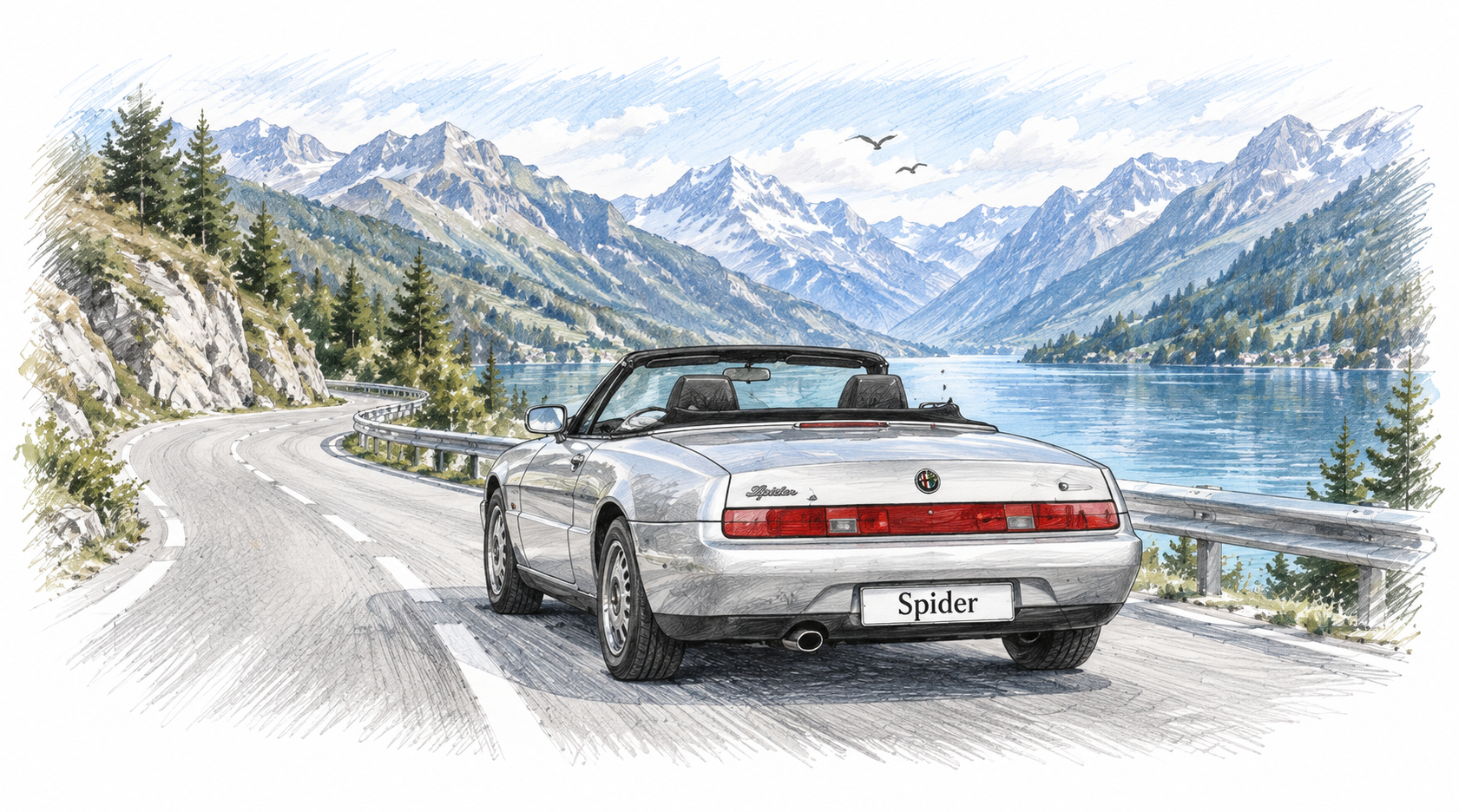 Silberner Alfa Romeo Spider an einem Alpensee. Auf dem Kennzeichen steht ausschließlich Spider.