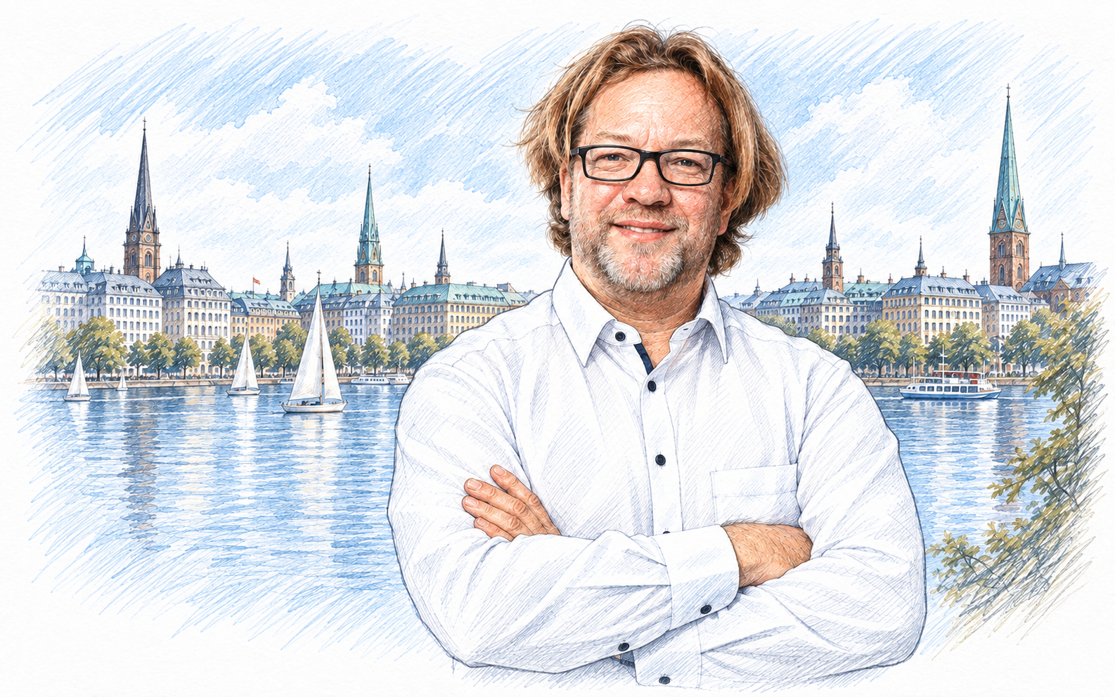 Gezeichnetes Portrait von Walfred Marzahn mit weißem Hemd und verschränkten Armen vor der Hamburger Alster.